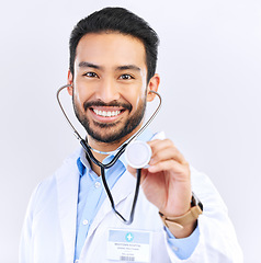 Image showing Doctor, man and listening with stethoscope in portrait, smile and cardiovascular health isolated on white background. Medical professional, happy male physician in studio and cardiology and surgeon