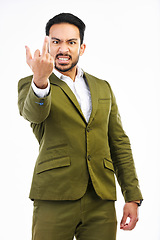 Image showing Angry, stress and portrait of man with a middle finger isolated on a white background in studio. Crazy, anger and a frustrated Japanese businessman showing an offensive, vulgar and rude hand gesture