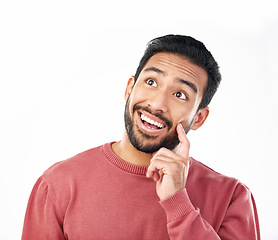 Image showing Fantasy, surprise and Asian man with ideas, opportunity and solution isolated on a white studio background. Japan, male and guy with happiness, questions and why with wonder, decisions and mindset