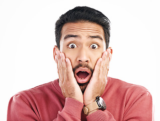 Image showing Portrait, wow and Asian man surprise, excited and happiness isolated against a white studio background. Face, Japanese male and guy with shock, facial expression and announcement with good news