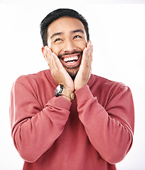 Image showing Happy, excited face and Asian man in a studio looking cute and handsome while thinking. Isolated, white background and male model with a cheerful emoji, silly and happiness dreaming about an idea