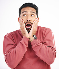 Image showing Surprise, wow and Asian man excited, face and happiness isolated against a white studio background. Japan, male and guy with facial expression, emoji and success with unexpected and good news