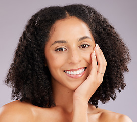 Image showing Portrait, skincare and woman with smile, natural makeup and confidence against a studio background. Face, happy female and girl with happiness, salon grooming and facial treatment for glow and beauty