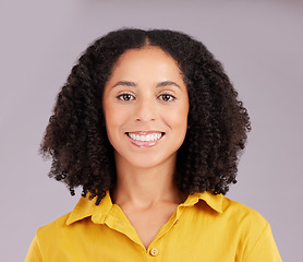 Image showing Happy business woman, portrait and confidence in career success with positive mindset on studio background. Headshot, corporate and female smile with professional mission, empowerment and pride