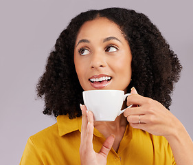 Image showing Thinking, happy and a woman drinking coffee for a break isolated on a white background in a studio. Idea, relax and a girl with a warm drink, tea or beverage while contemplating on a backdrop