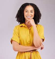 Image showing Woman with smile in portrait, confident with success and positive mindset on studio background. Happy female, fashion and person with empowerment and pride, casual and happiness on face