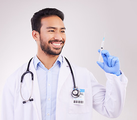 Image showing Healthcare, man and doctor with vaccine, injection or shot in studio against a white background. Medicine, vaccination and happy male expert with needle for medical, protection or disease treatment