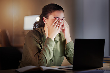 Image showing Night, business and woman with burnout, tired and overworked with deadline, schedule and new project. Female consultant, employee and entrepreneur exhausted, working late or unproductive in workplace