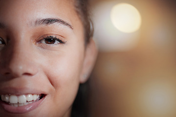 Image showing Beauty, half face and portrait of a woman with a smile and positive happy mindset by bokeh. Happiness, excited and female model with a cosmetic facial treatment by a blurry background with mockup.