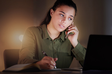 Image showing Night, phone call and woman planning, writing and new project with ideas, evening and notes. Female employee, entrepreneur or lady with strategy, profit growth or overworked in workplace and talking