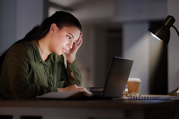 Image showing Headache, woman with laptop at night and burnout, glitch or 404 with corporate stress and fatigue, pain and crisis. Young female working late, deadline and migraine with anxiety and mental health