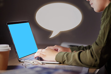 Image showing Speech bubble, green screen and woman on laptop for social media in marketing office at night with mockup. Poster, banner and hands of female corporate employee online for branding, design or logo