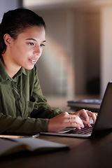 Image showing Night, business and woman with laptop, typing and digital planning for new project, data analysis and focus. Female employee, entrepreneur and consultant with device, technology and search online