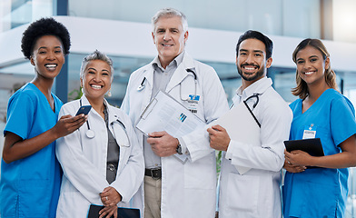 Image showing Hospital, doctor team portrait and leadership smile in clinic feeling happy with vision. Healthcare, wellness and diversity group with nursing solidarity and stethoscope ready for medical teamwork