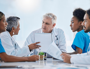 Image showing Teamwork, meeting and doctors in discussion with documents for medical strategy, research and consulting. Healthcare, collaboration and people talking for insurance, planning and surgery results