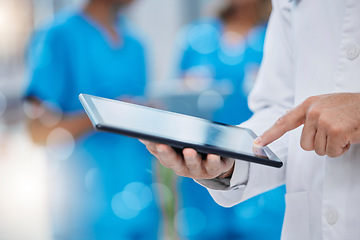 Image showing Hospital, research and hands of doctor with tablet for life insurance, wellness app and medical service. Healthcare, technology and man on touchscreen for telehealth, digital report and data analysis