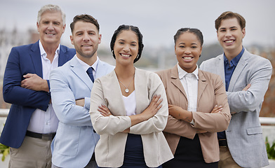 Image showing Portrait, business and employees with arms crossed, teamwork and management skills. Female leader, staff and coworkers with leadership, group project and profit growth with manager and confidence