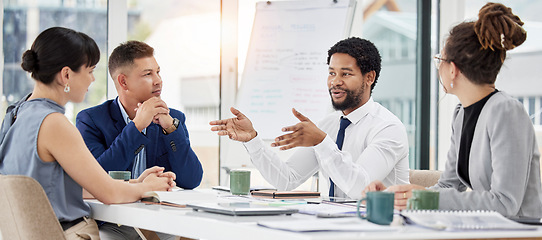 Image showing Black man, business and leader with staff, meeting and planning for profit growth, financial group and share ideas. African American male ceo, employees and coworkers brainstorming and feedback