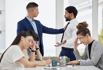 Image showing Team, frustrated and business people with conflict in office with problem, crisis and stressed out in meeting. Fight, corporate and men and women in serious discussion for mistake, risk and warning