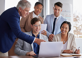 Image showing Teamwork, laptop and collaboration of a office group with management and diversity. Business people, computer data check and planning staff with happiness from team building and financial project