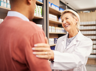 Image showing Man shopping, support or happy pharmacist in pharmacy for retail healthcare information with smile or care. Trust, woman or senior doctor helping customer with medication advice or medical drugs