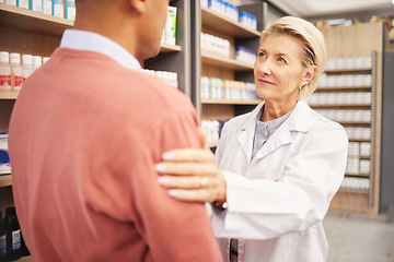 Image showing Man shopping, support or pharmacist in pharmacy for retail healthcare information with empathy or care. Trust, woman or senior doctor helping customer with medication advice or medical store drugs