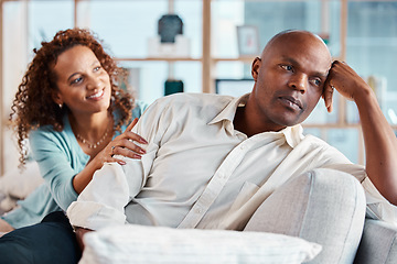 Image showing Comfort, fight and couple on sofa for marriage problems, frustrated and depression in living room. Bad communication, relationship and woman with angry man on couch for fighting, argument and divorce