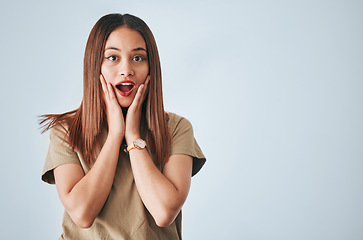 Image showing Surprise, excited and portrait of woman in studio on white background for good news, announcement and sale. Fashion, mockup space and happy girl with cosmetics for advertising, marketing and discount