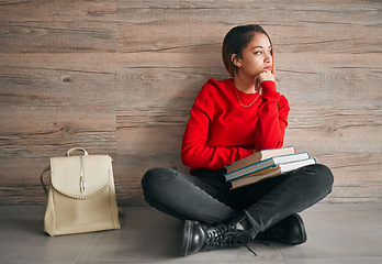 Image showing University, woman with books on floor and and thinking, mock up space and education at academic college. Information, knowledge and backpack, student on floor with concentration and book to study.