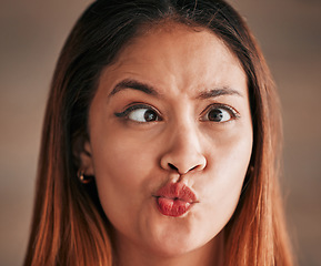 Image showing Funny face, goofy and woman with emoji, silly and humor against a brown studio background. Female, joke and lady with facial expression, crazy and comics with personality, comedy and humour