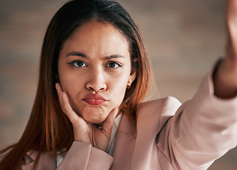 Image showing Selfie, sad and portrait of woman with comic, emoji reaction and pout facial expression on studio background. Beauty, confused and girl taking picture with cute, upset and funny face for social media