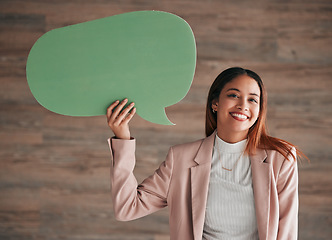 Image showing Portrait of business woman, speech bubble and wall background, blank sign for social media chat or notification. Smile, happiness and model with empty poster space for announcement, opinion or ideas.