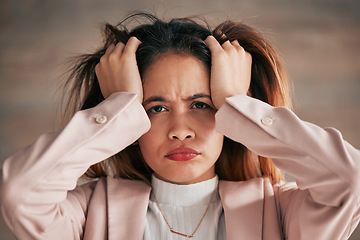 Image showing Portrait, stress and woman in office with anxiety, problem or mental health issue on wall background. Frustrated, lady and face of corporate employee suffering burnout, angry or headache from vertigo