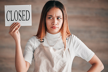 Image showing Finance crisis, inflation and woman with closed sign, anger and entrepreneur with failed company. Entrepreneurship, small business owner and upset lady with poster, announcement and bankruptcy