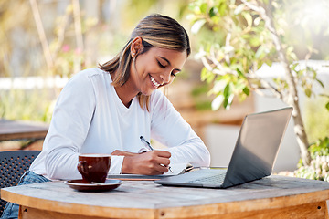 Image showing Woman with smile, writing notes and student, education with study and online course, elearning and university. Female at outdoor cafe, distance or remote learning with research for school project