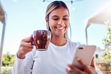 Image showing Cafe, coffee and woman with smartphone, smile and connection with social media, typing and share post. Female, outdoor and happy lady with cellphone, cup and cappuccino with happiness and mobile app