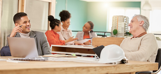 Image showing Architecture, people and happy teamwork in office, creative agency and design startup company. Engineering, men and laughing in business for project management, property development and collaboration