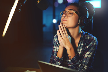 Image showing Radio dj, presenter pray and woman in a sound production studio taking praying break at work. Headphones, recording and thinking female employee ready for discussion on air for web podcast and music