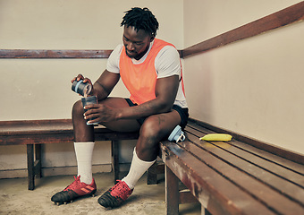 Image showing Sports, protein shake and black man in locker room with drink, milkshake and healthy smoothie for energy. Fitness, health and male athlete with nutrition beverage for training, exercise and workout