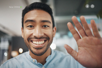 Image showing Portrait, video call and wave by man in office, happy and smile for online followers on blurred background. Face, hand and businessman influencer live streaming at work for content creation or blog