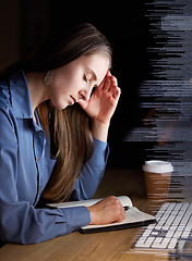 Image showing Data overlay, night and woman with headache in programming analysis, glitch or analytics depression, burnout or fatigue. Business person with stress, migraine and coding 404 on information technology
