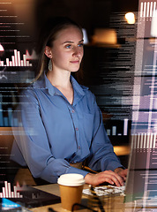 Image showing Woman typing, coding and data analytics hologram of dashboard at night, digital overlay and stock market statistics. Trading, information technology and keyboard, female coder and fintech with graph