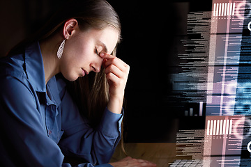 Image showing Woman, headache and tired, code and programmer, burnout and working night, stress migraine and mental health. Fatigue, overworked and stock market crash, overlay and stocks dashboard with brain fog