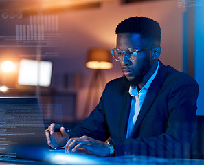 Image showing Black man in business, code with laptop and hologram, analytics and programmer in office at night, dashboard and overlay. Information technology, data analysis and graph with software development