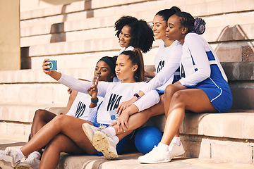 Image showing Sports, team or netball friends selfie for fitness, workout or training achievement memory for social media. Exercise, girl sport and happy women for diversity photograph or online students blog