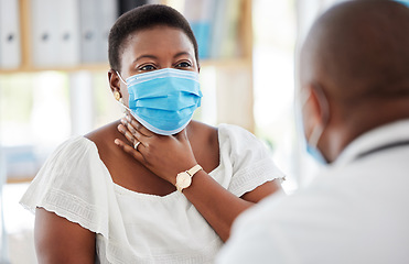 Image showing Black woman, sore throat and face mask, doctor and patient in hospital, medical examination and symptoms. Healthcare, virus with covid and communication, people in clinic with health insurance