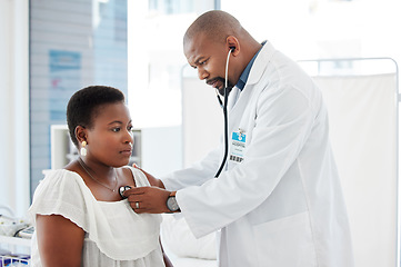 Image showing Healthcare, doctor listening to patient heart with stethoscope and medical consultation with black people. Cardiovascular medicine, man with woman in hospital and health insurance with examination