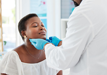 Image showing Doctor, patient with sore throat and medical exam, consultation in hospital and healthcare with health insurance. Check facial lymph nodes, black woman with man and medicine professional in clinic