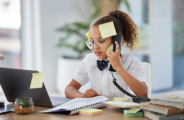 Image showing Business, phone call and child with telephone and laptop at desk for conversation, discussion and contact. Communication, stress and young girl with sticky notes for planning, deadline and network