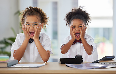 Image showing Portrait, surprise and kids in business office playing, pretending and fantasy in workplace. Shock, wow and girls, friends or children pretend to be corporate employees, having fun and screaming.